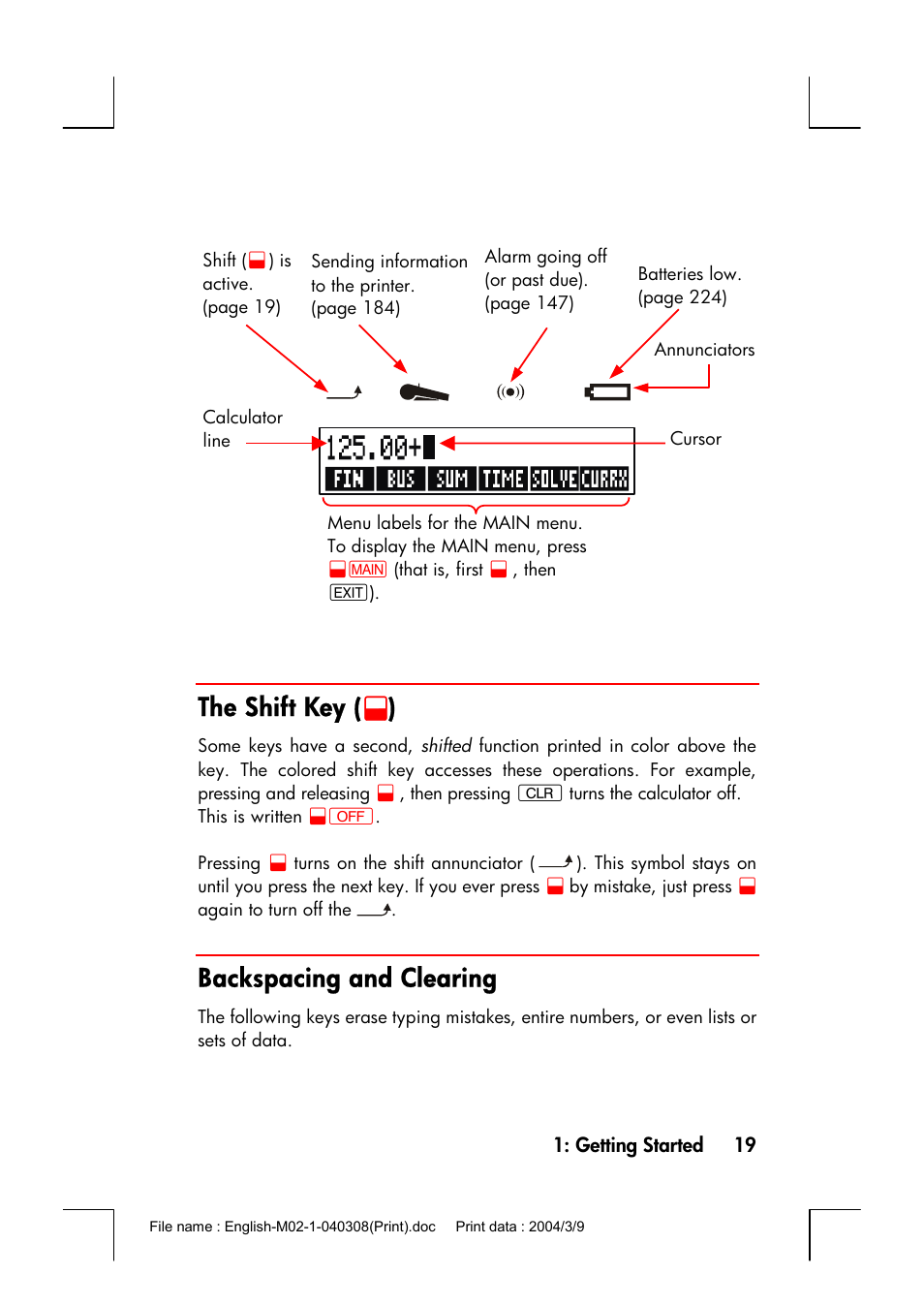 The shift key (@), Backspacing and clearing, The shift key | HP 17bII+ User Manual | Page 19 / 310