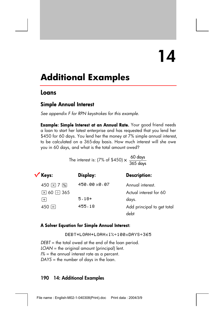 Additional examples, Loans, Simple annual interest | HP 17bII+ User Manual | Page 190 / 310