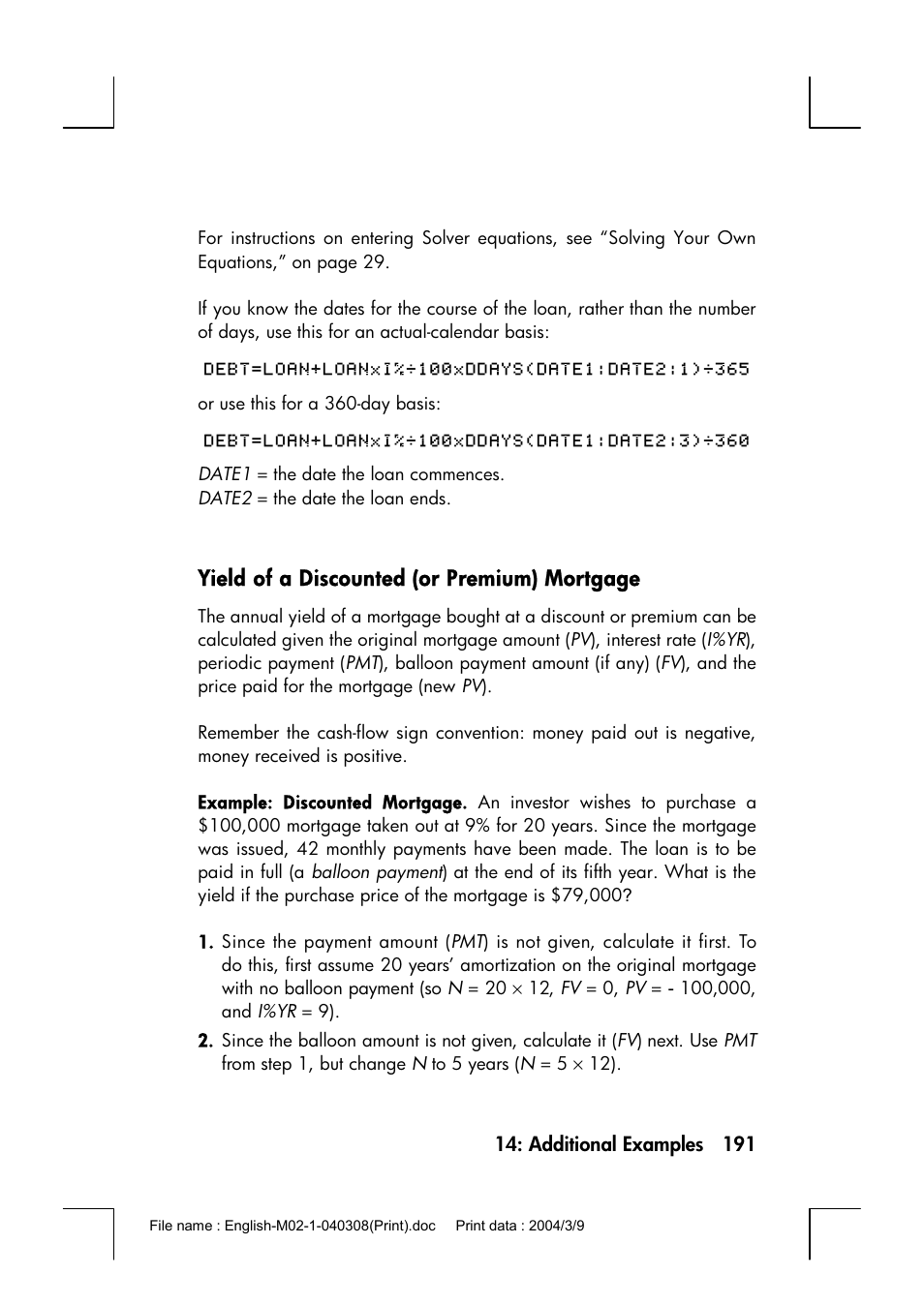 Yield of a discounted (or premium) mortgage | HP 17bII+ User Manual | Page 191 / 310