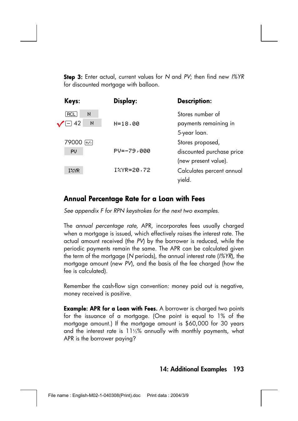 Annual percentage rate for a loan with fees | HP 17bII+ User Manual | Page 193 / 310