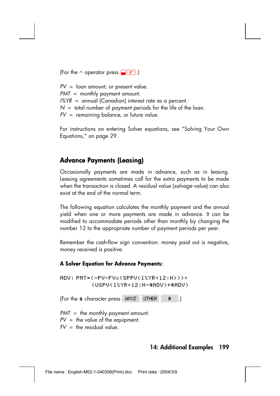 Advance payments (leasing) | HP 17bII+ User Manual | Page 199 / 310