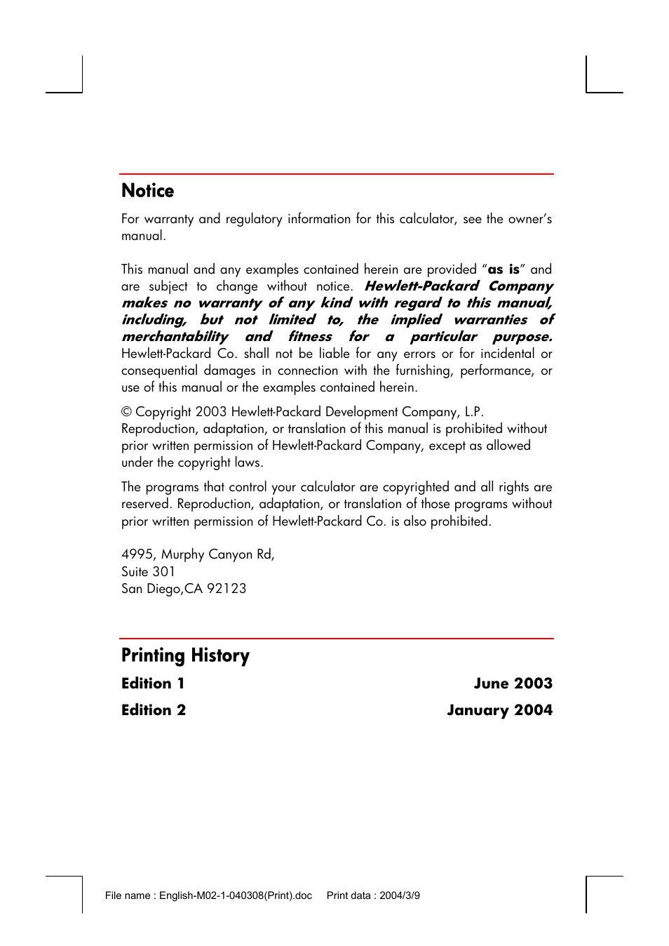 Notice, Printing history | HP 17bII+ User Manual | Page 2 / 310