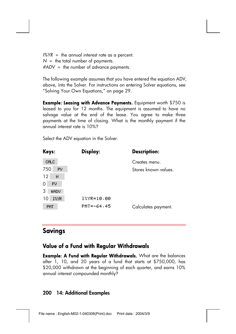 Savings, Value of a fund with regular withdrawals | HP 17bII+ User Manual | Page 200 / 310