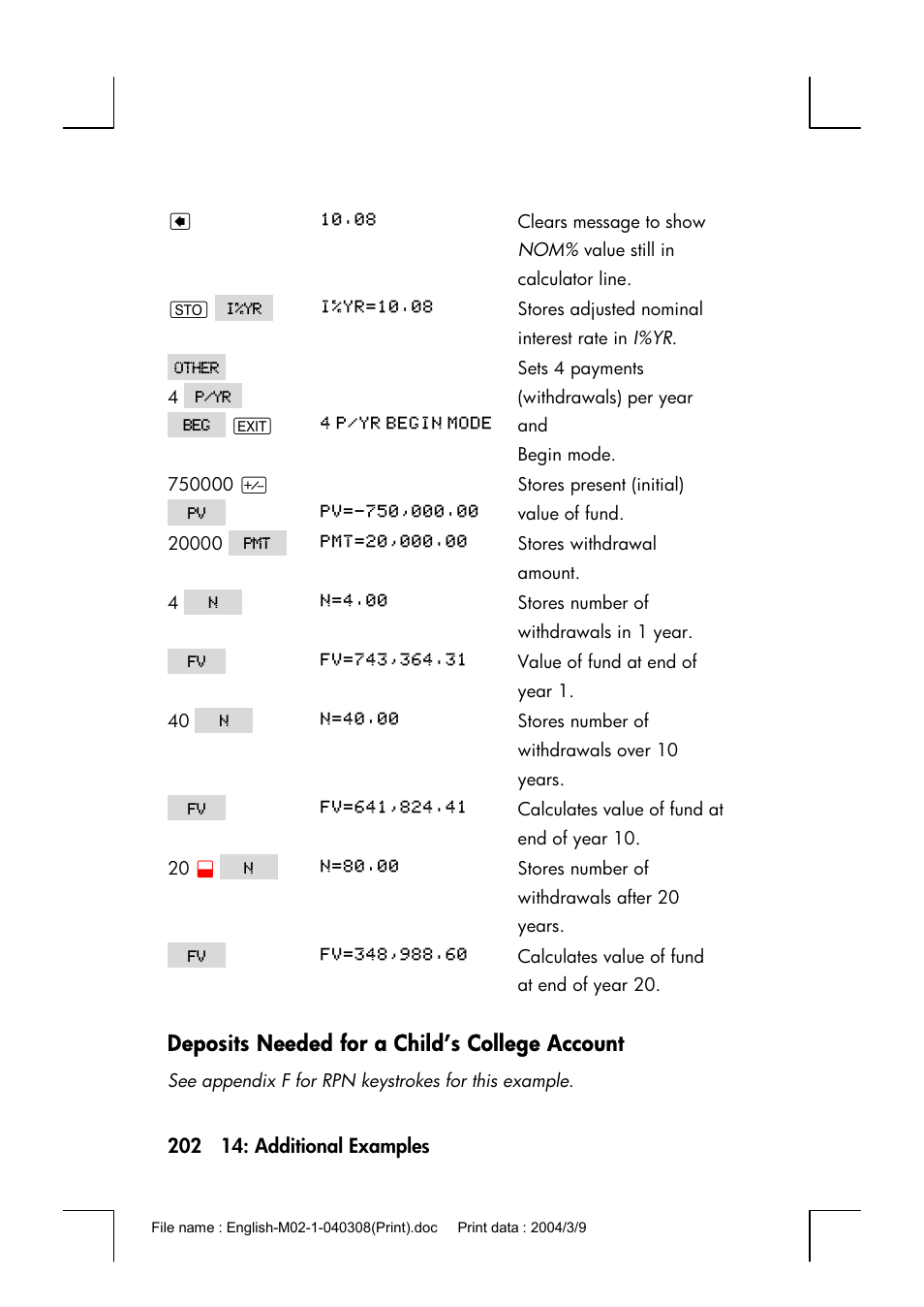 Deposits needed for a child’s college account | HP 17bII+ User Manual | Page 202 / 310