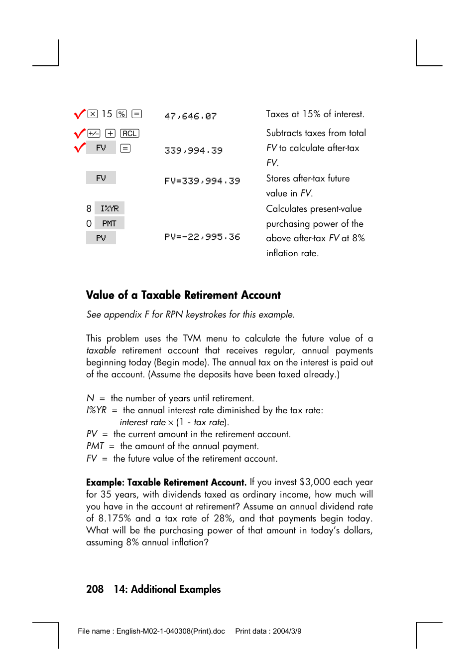 Value of a taxable retirement account | HP 17bII+ User Manual | Page 208 / 310