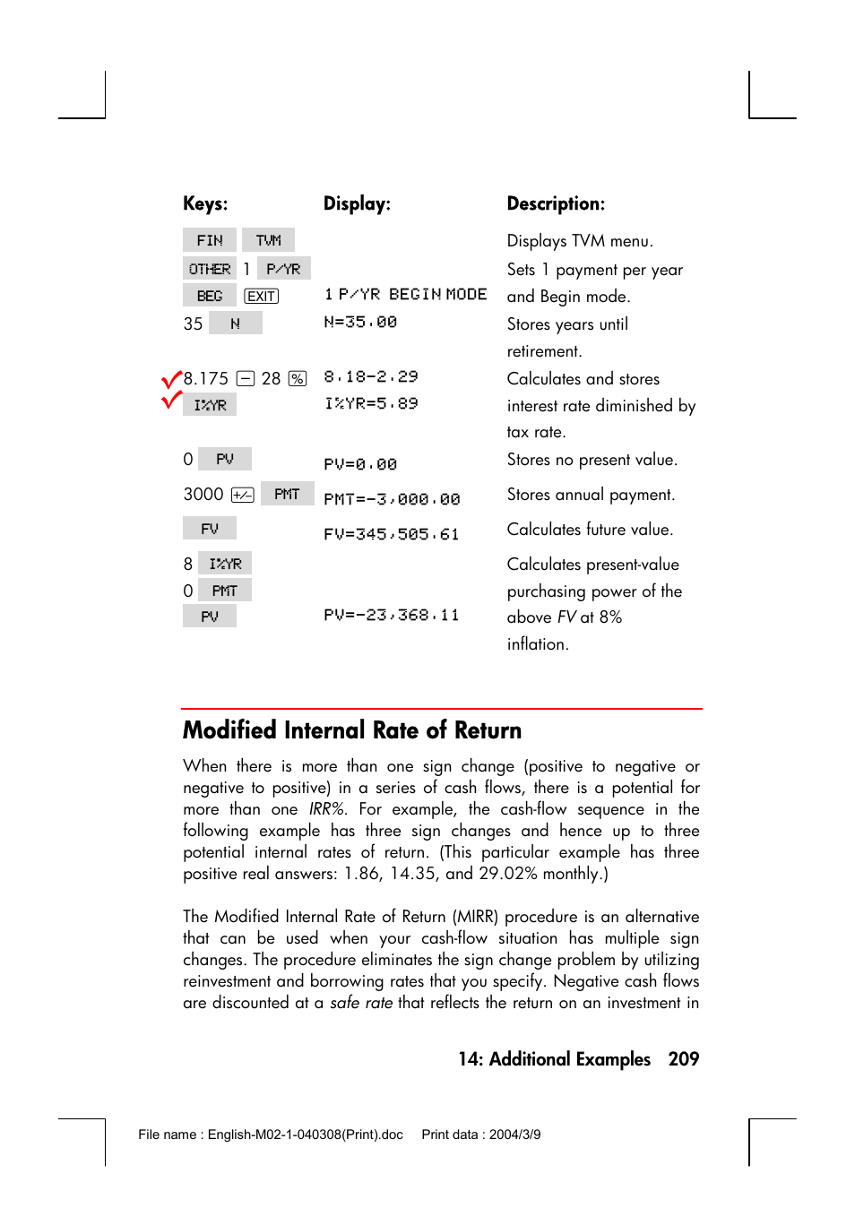 Modified internal rate of return | HP 17bII+ User Manual | Page 209 / 310