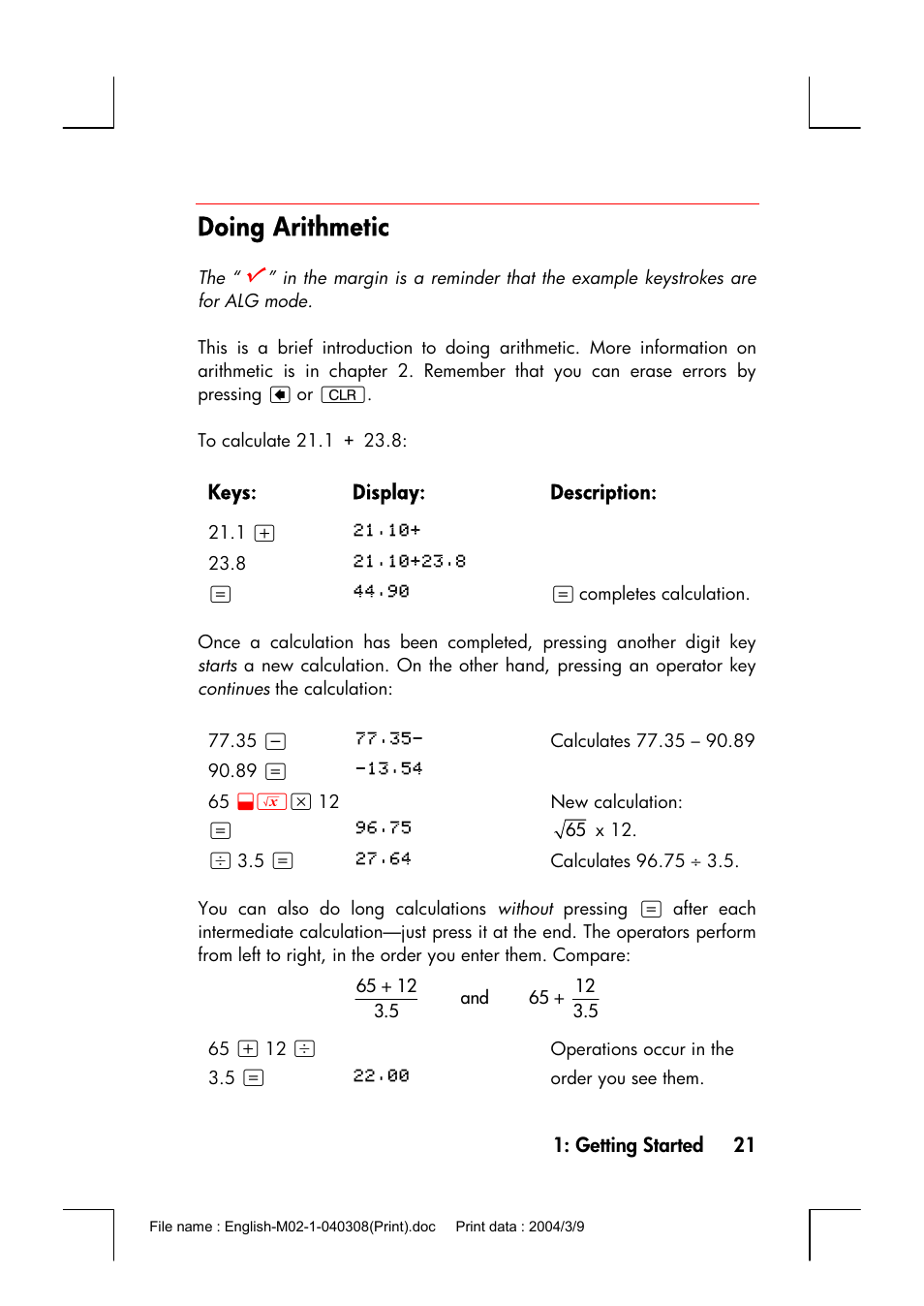 Doing arithmetic | HP 17bII+ User Manual | Page 21 / 310