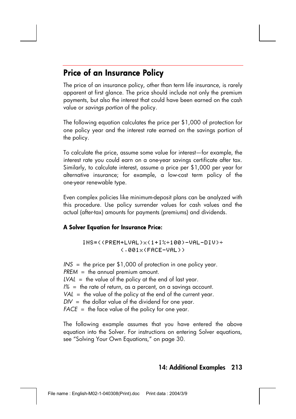 Price of an insurance policy | HP 17bII+ User Manual | Page 213 / 310