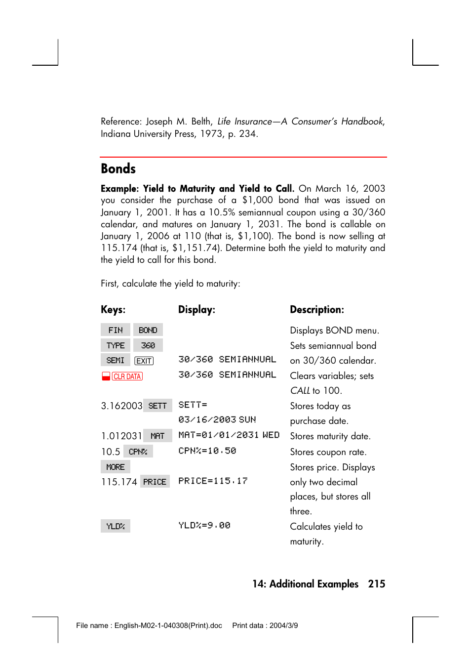 Bonds | HP 17bII+ User Manual | Page 215 / 310