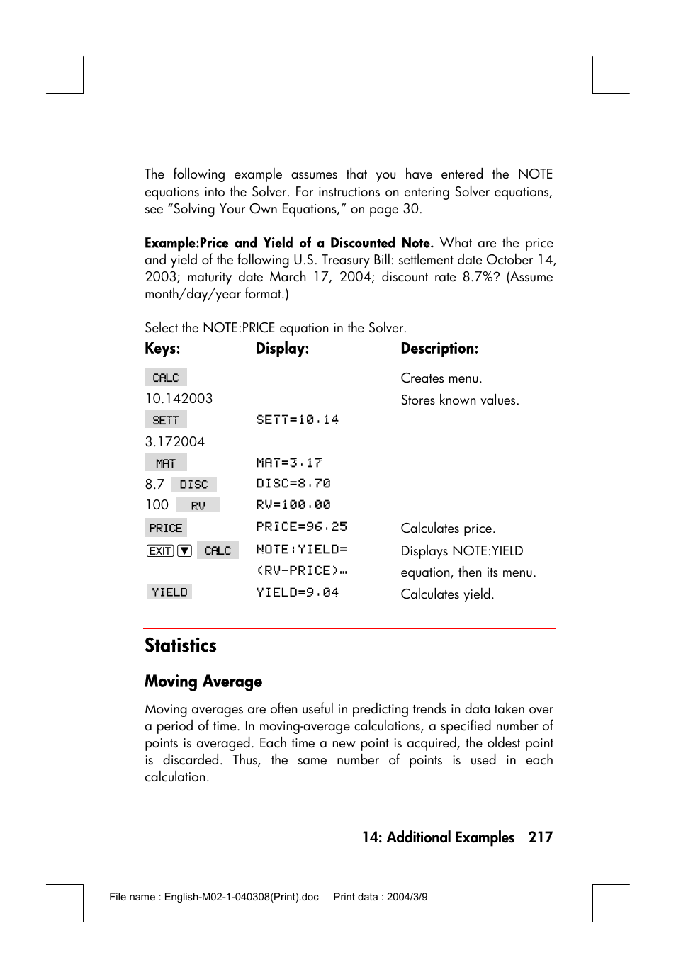 Statistics, Moving average | HP 17bII+ User Manual | Page 217 / 310