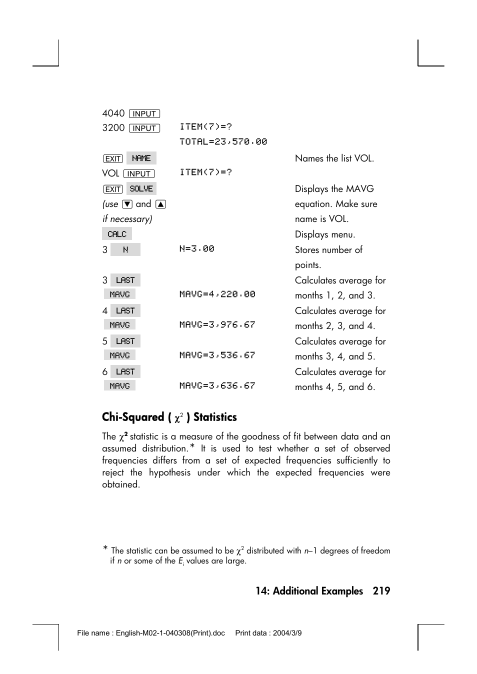 Chi-squared ( (2 ) statistics, Chi-squared, Statistics | HP 17bII+ User Manual | Page 219 / 310