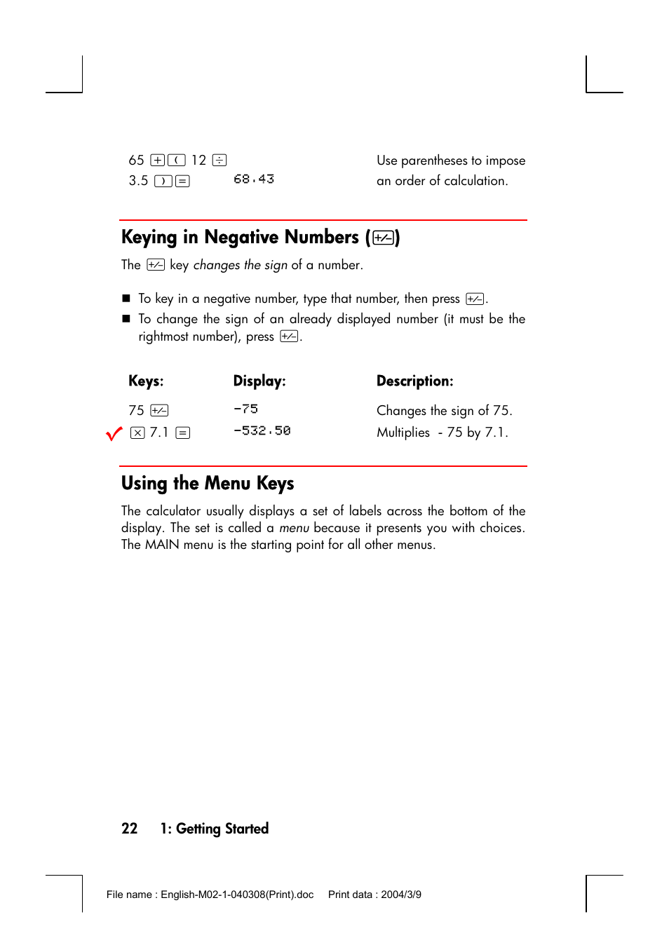 Keying in negative numbers (&), Using the menu keys, Keying in negative numbers ( & ) | HP 17bII+ User Manual | Page 22 / 310
