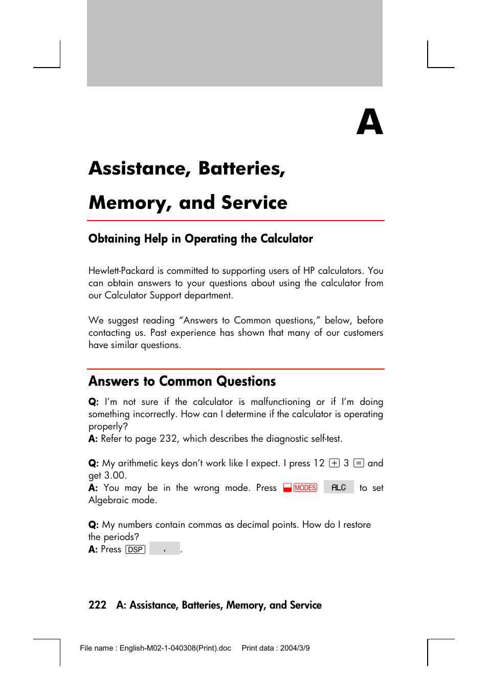 Assistance, batteries, memory, and service, Obtaining help in operating the calculator, Answers to common questions | HP 17bII+ User Manual | Page 222 / 310