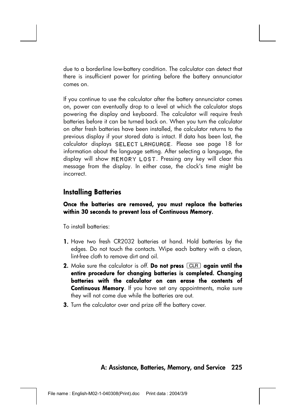 Installing batteries | HP 17bII+ User Manual | Page 225 / 310