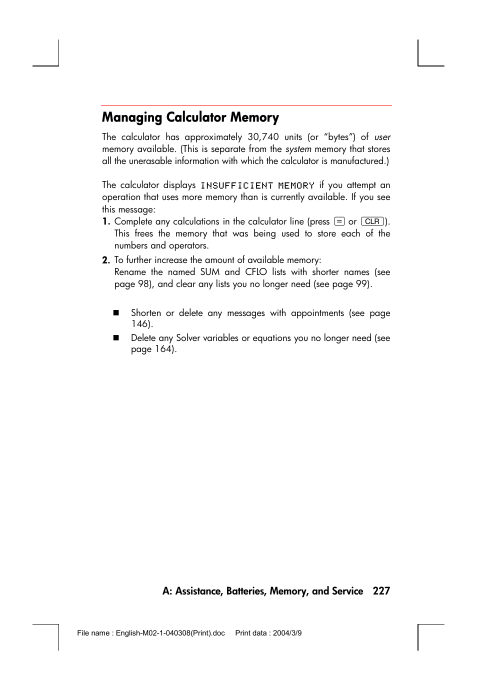 Managing calculator memory | HP 17bII+ User Manual | Page 227 / 310