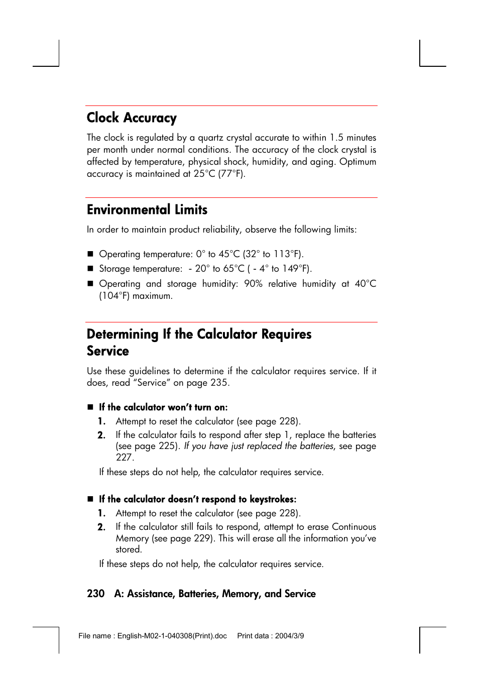 Clock accuracy, Environmental limits, Determining if the calculator requires service | HP 17bII+ User Manual | Page 230 / 310