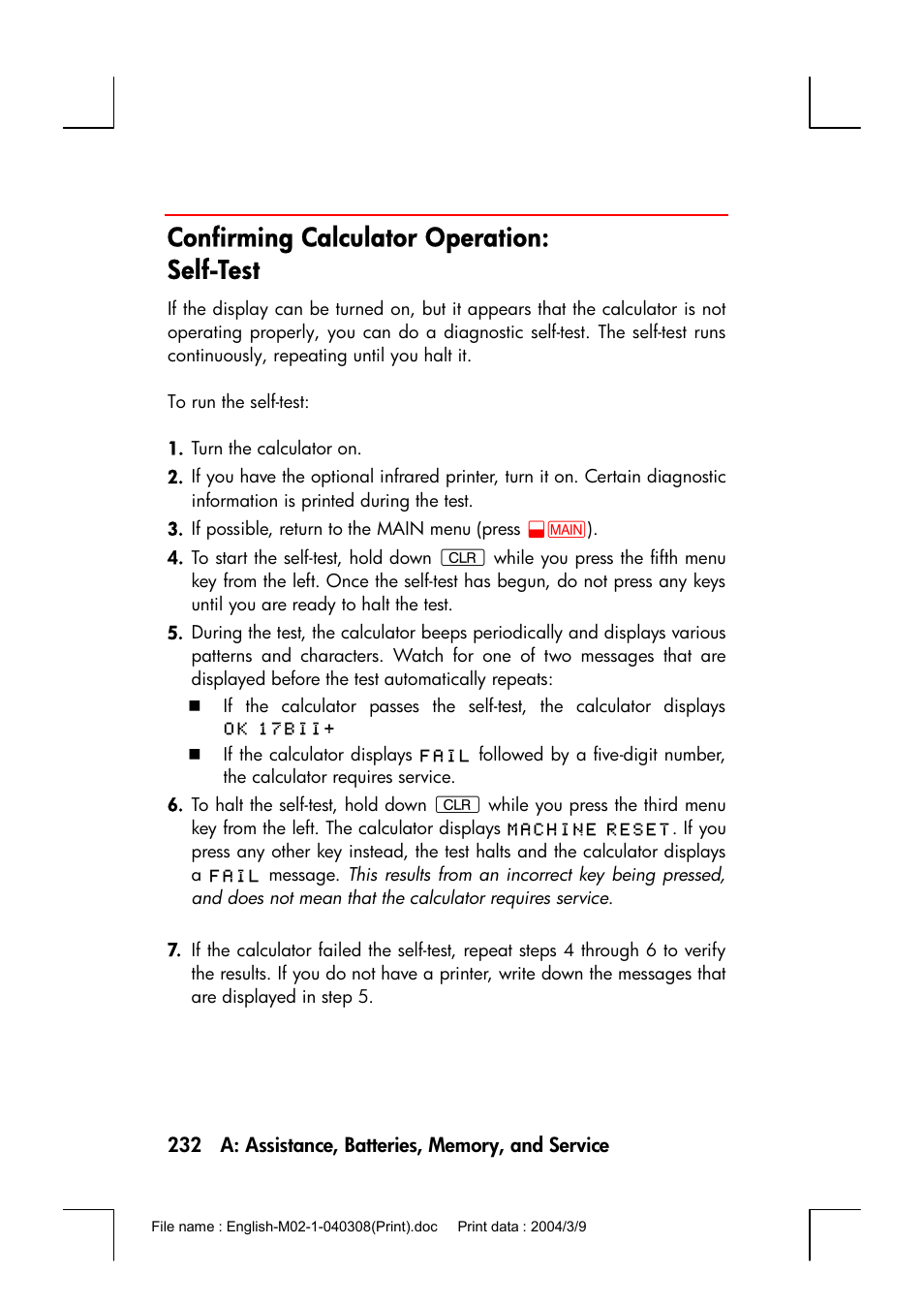 Confirming calculator operation: self-test | HP 17bII+ User Manual | Page 232 / 310