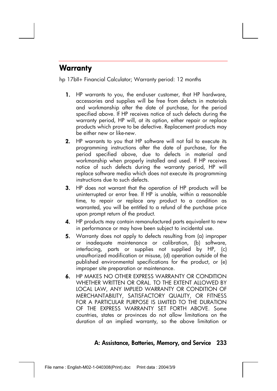 Warranty | HP 17bII+ User Manual | Page 233 / 310
