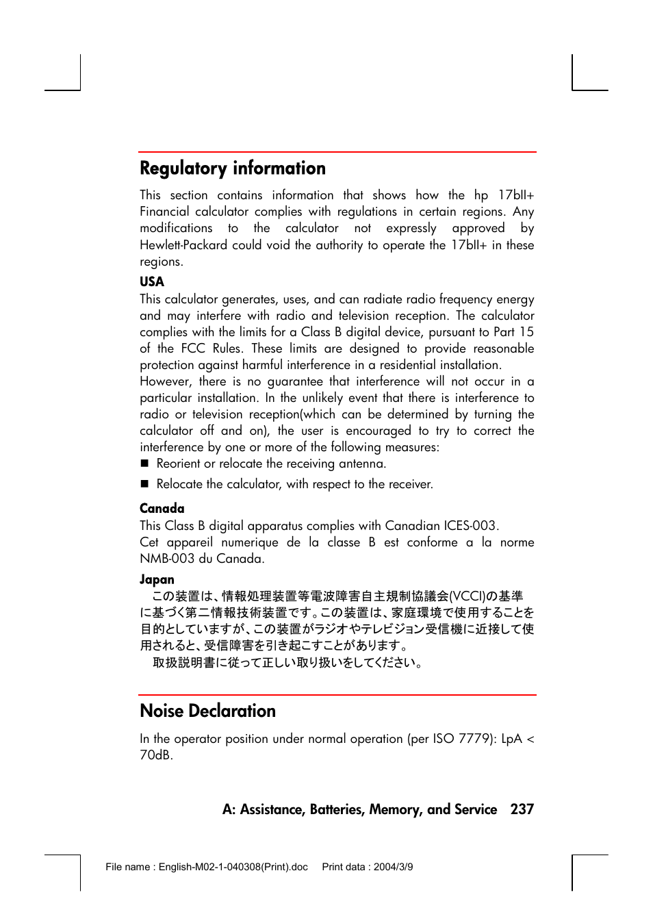 Regulatory information, Noise declaration | HP 17bII+ User Manual | Page 237 / 310