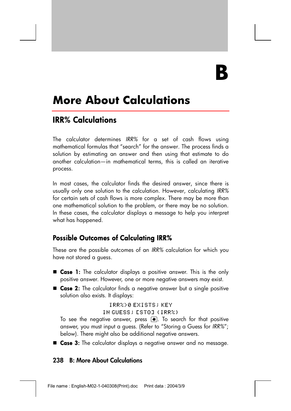 More about calculations, Irr% calculations, Possible outcomes of calculating irr | HP 17bII+ User Manual | Page 238 / 310