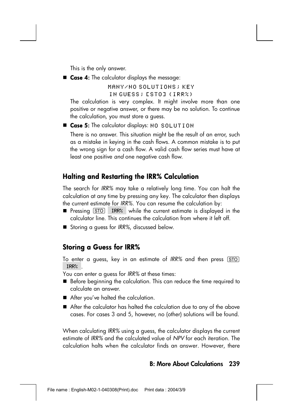 Halting and restarting the irr% calculation, Storing a guess for irr | HP 17bII+ User Manual | Page 239 / 310