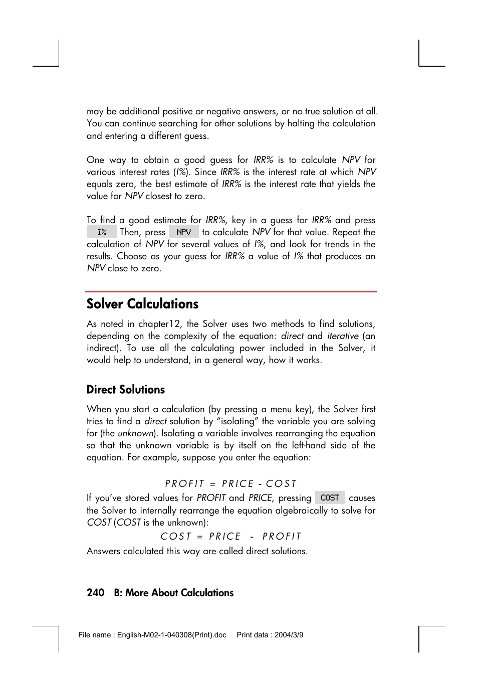 Solver calculations, Direct solutions | HP 17bII+ User Manual | Page 240 / 310