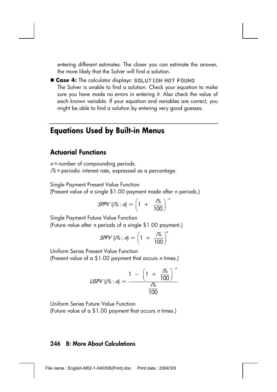 Equations used by built-in menus, Actuarial functions | HP 17bII+ User Manual | Page 246 / 310