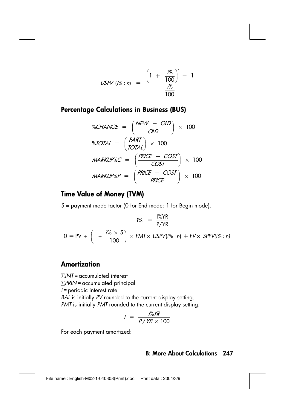 Percentage calculations in business (bus), Time value of money (tvm), Amortization | HP 17bII+ User Manual | Page 247 / 310