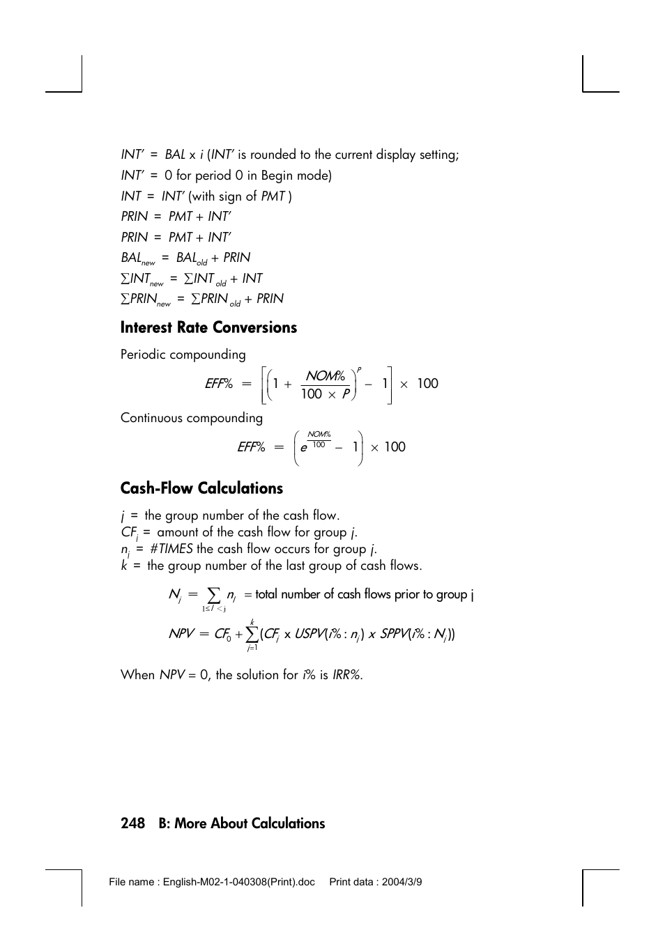 Interest rate conversions, Cash-flow calculations | HP 17bII+ User Manual | Page 248 / 310