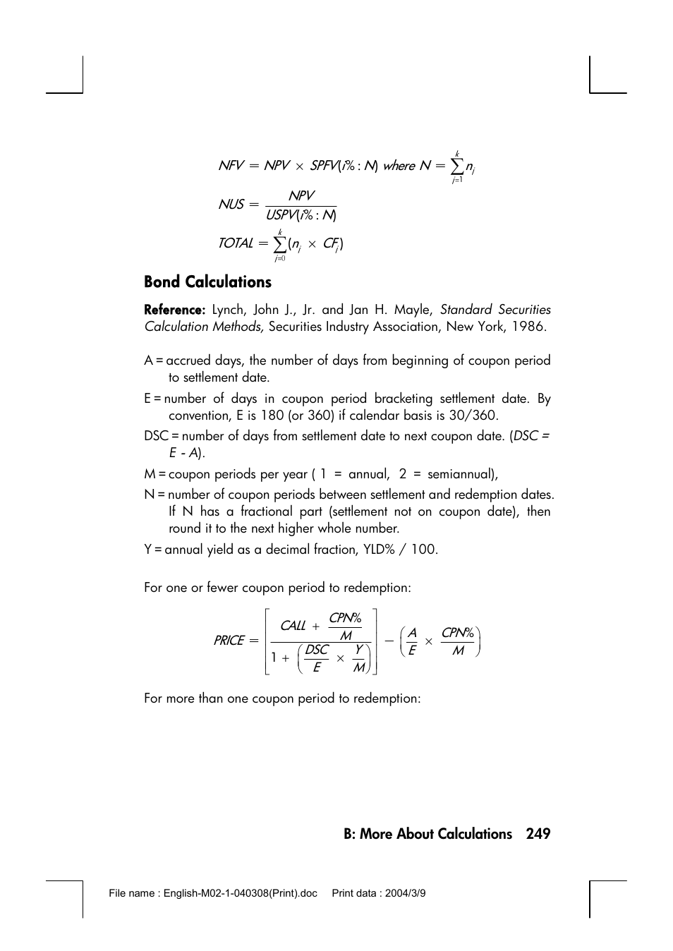 Bond calculations | HP 17bII+ User Manual | Page 249 / 310