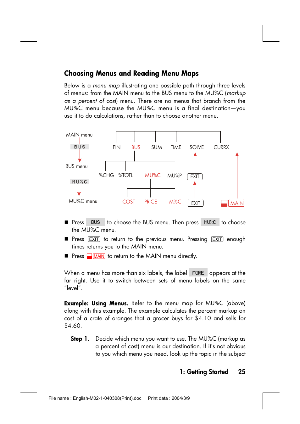 Choosing menus and reading menu maps | HP 17bII+ User Manual | Page 25 / 310