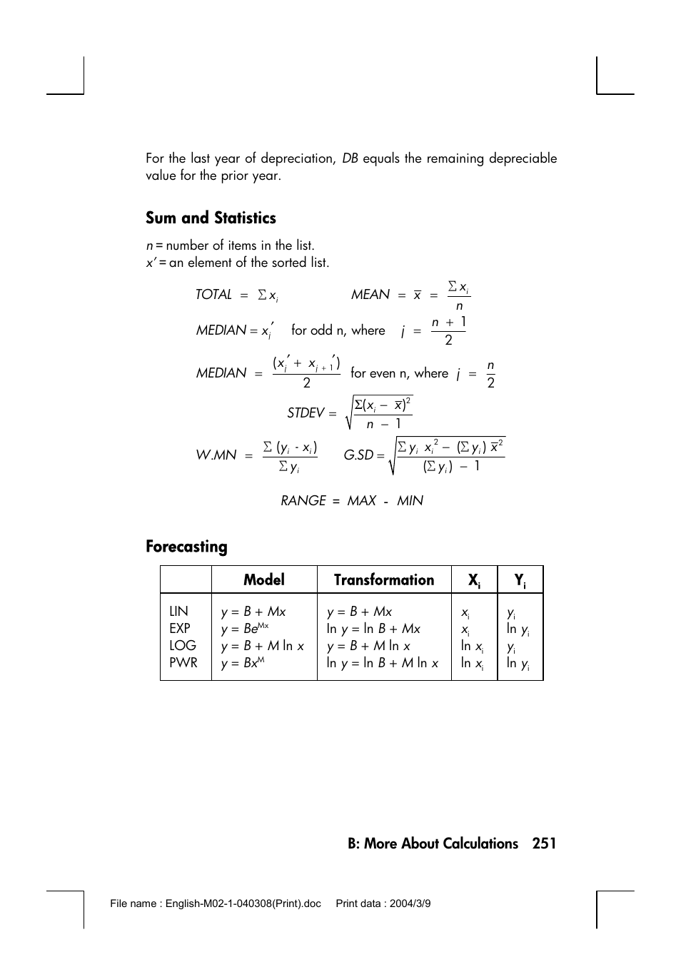 Sum and statistics, Forecasting | HP 17bII+ User Manual | Page 251 / 310