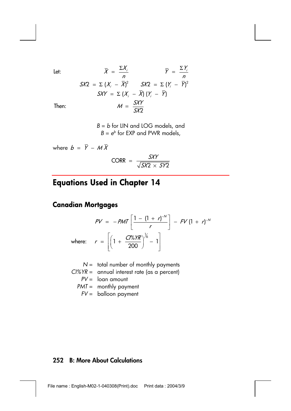 Equations used in chapter 14, Canadian mortgages | HP 17bII+ User Manual | Page 252 / 310