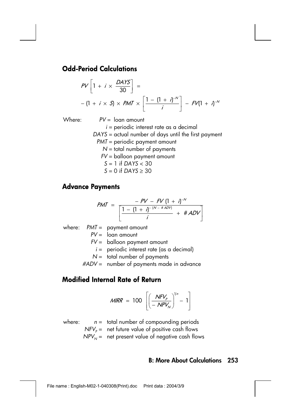 Odd-period calculations, Advance payments, Modified internal rate of return | HP 17bII+ User Manual | Page 253 / 310
