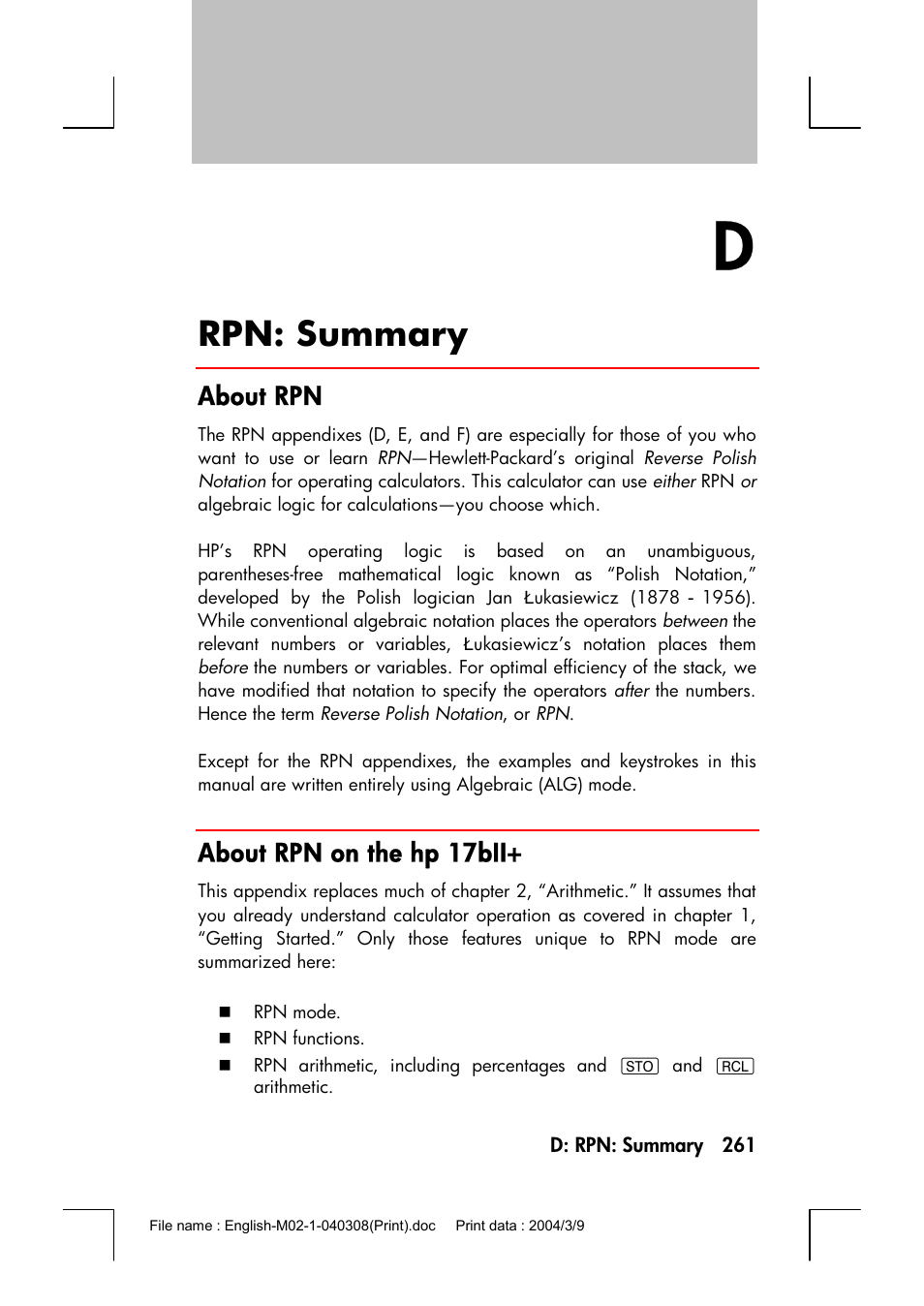 Rpn: summary, About rpn, About rpn on the hp 17bii | HP 17bII+ User Manual | Page 261 / 310