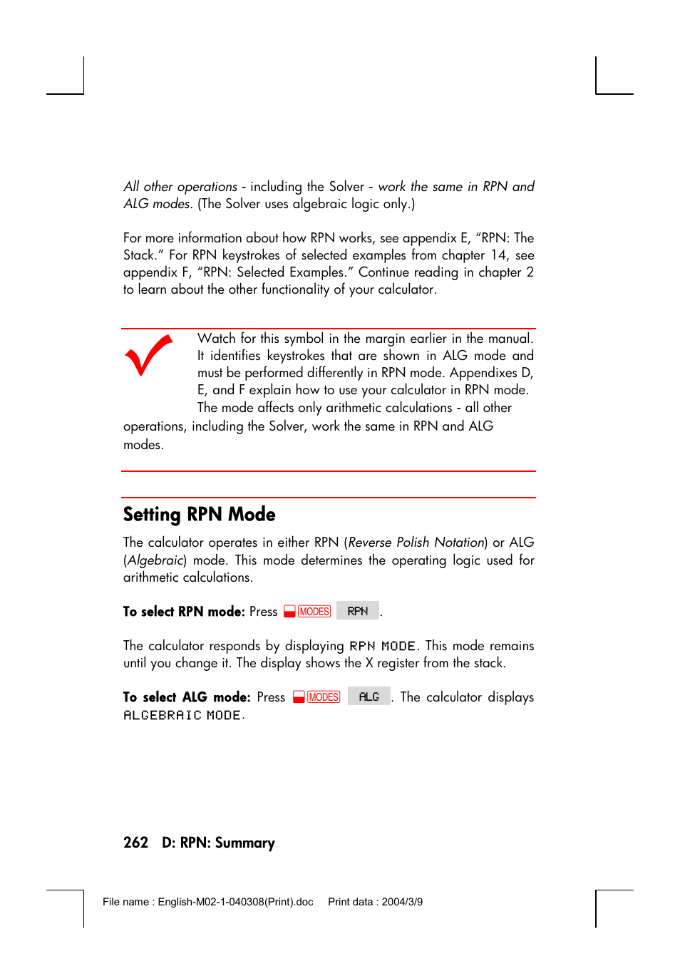 Setting rpn mode | HP 17bII+ User Manual | Page 262 / 310