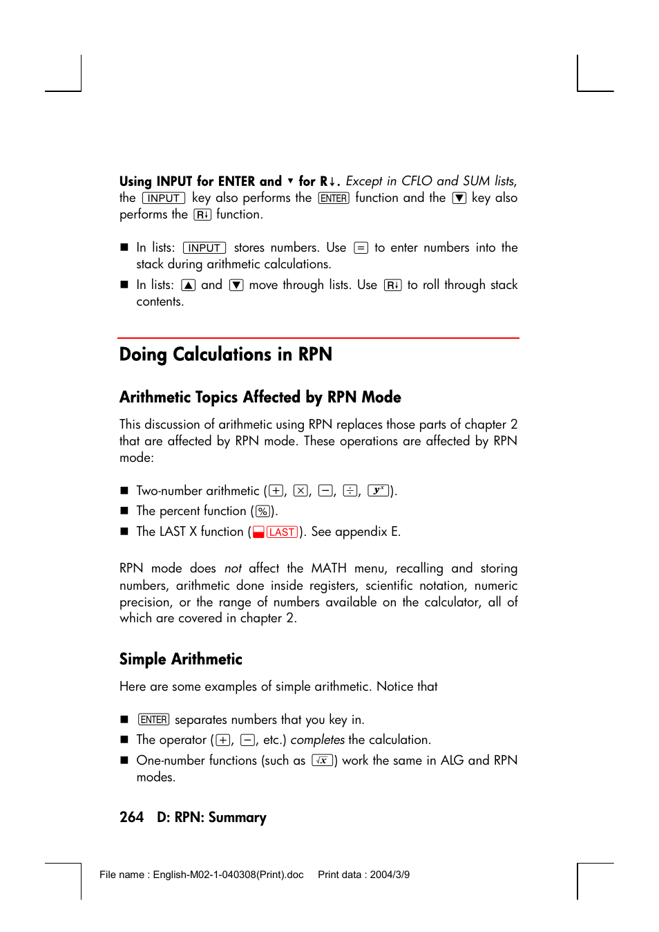 Doing calculations in rpn, Arithmetic topics affected by rpn mode, Simple arithmetic | HP 17bII+ User Manual | Page 264 / 310