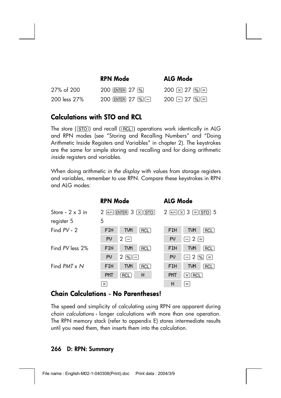 Calculations with sto and rcl, Chain calculations－no parentheses | HP 17bII+ User Manual | Page 266 / 310