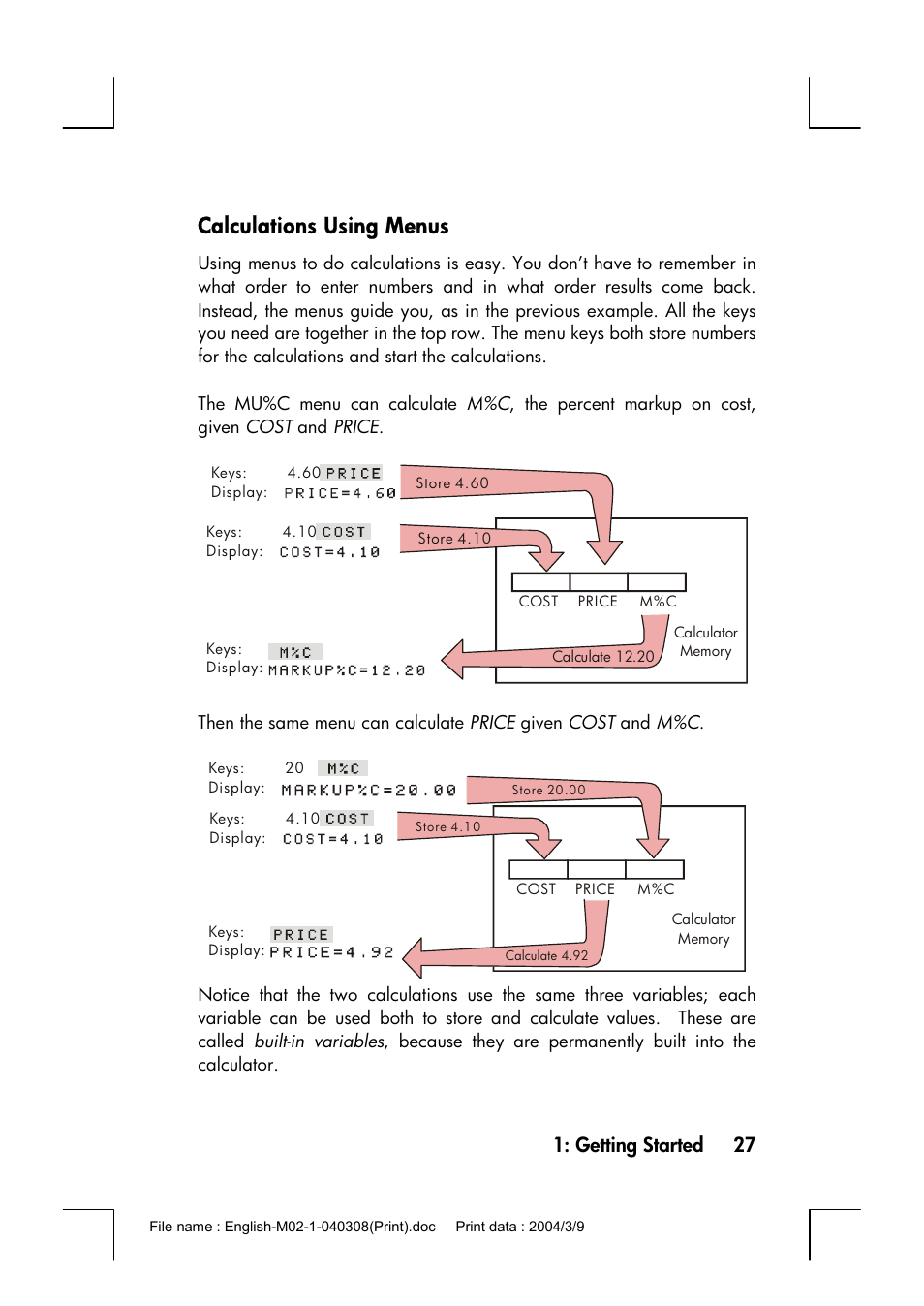 Calculations using menus, Getting started 27 | HP 17bII+ User Manual | Page 27 / 310