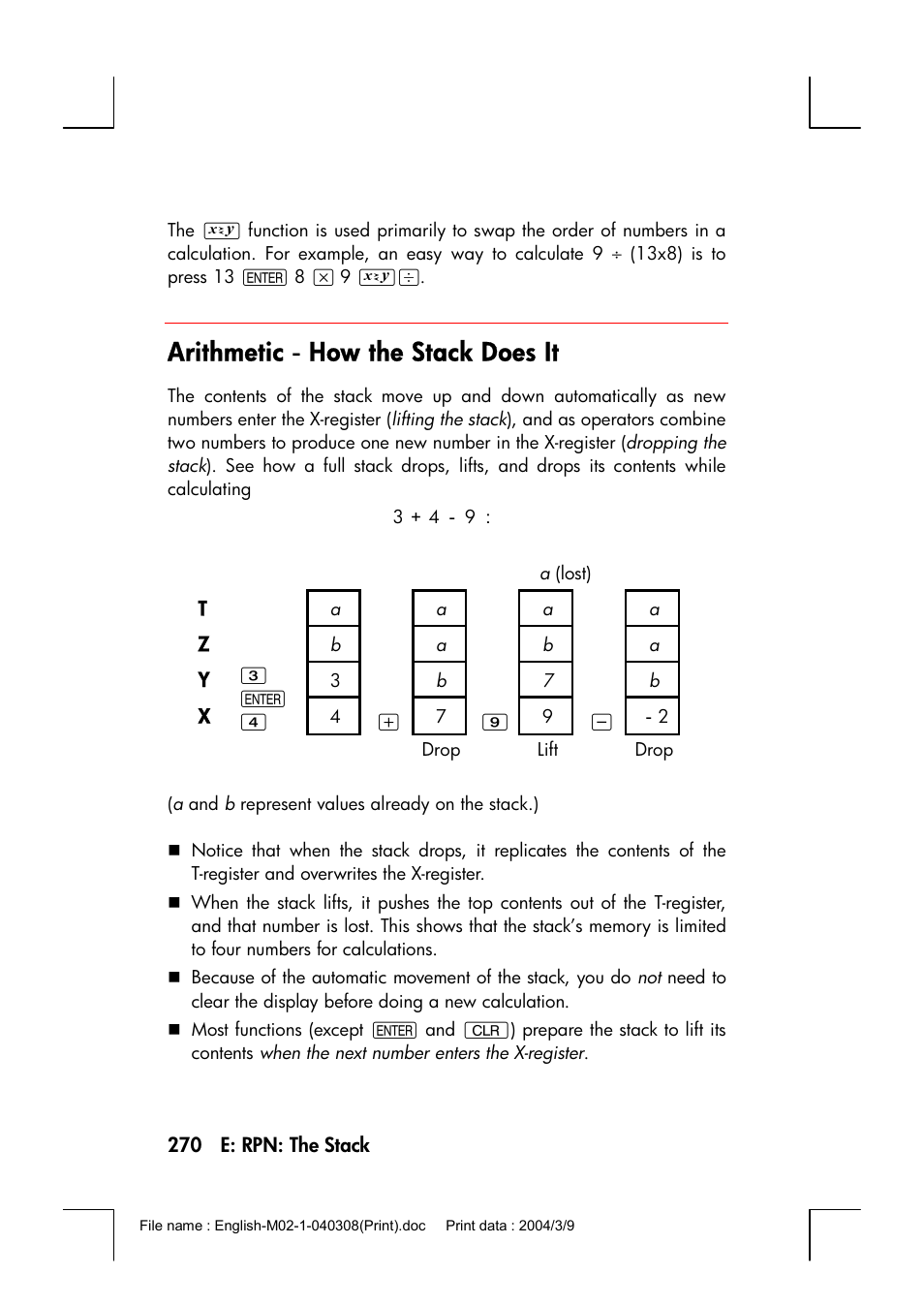 Arithmetic－how the stack does it, Arithmetic － how the stack does it | HP 17bII+ User Manual | Page 270 / 310
