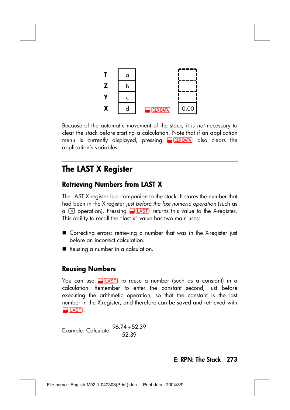 The last x register, Retrieving numbers from last x, Reusing numbers | HP 17bII+ User Manual | Page 273 / 310