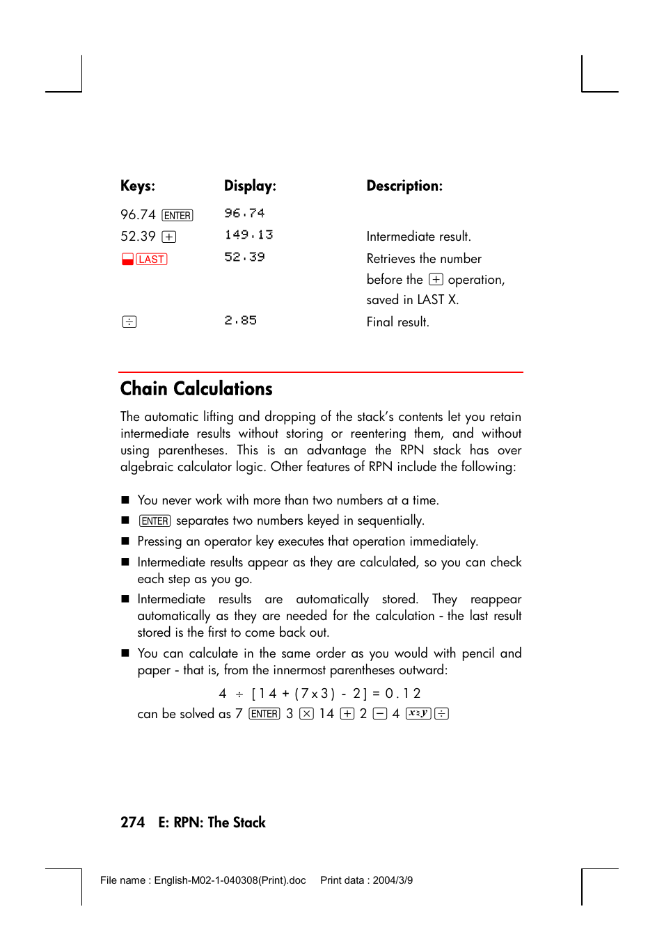 Chain calculations | HP 17bII+ User Manual | Page 274 / 310