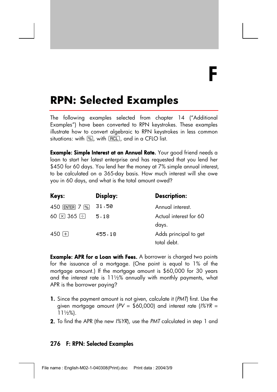 Rpn: selected examples | HP 17bII+ User Manual | Page 276 / 310