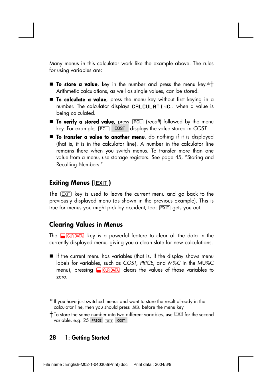 Exiting menus (e), Clearing values in menus | HP 17bII+ User Manual | Page 28 / 310
