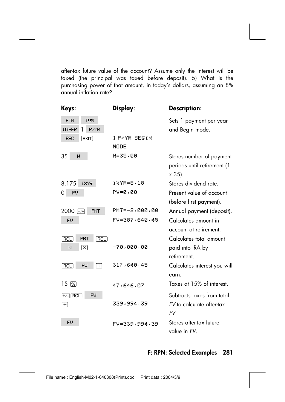 HP 17bII+ User Manual | Page 281 / 310