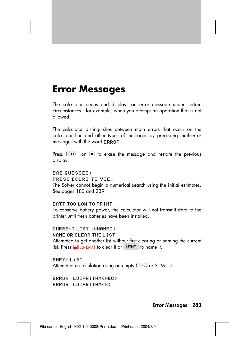 Error messages | HP 17bII+ User Manual | Page 283 / 310