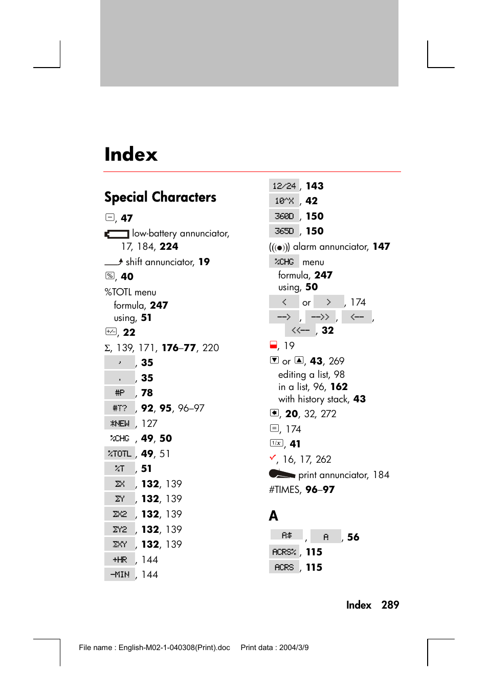 Index, Special characters | HP 17bII+ User Manual | Page 289 / 310