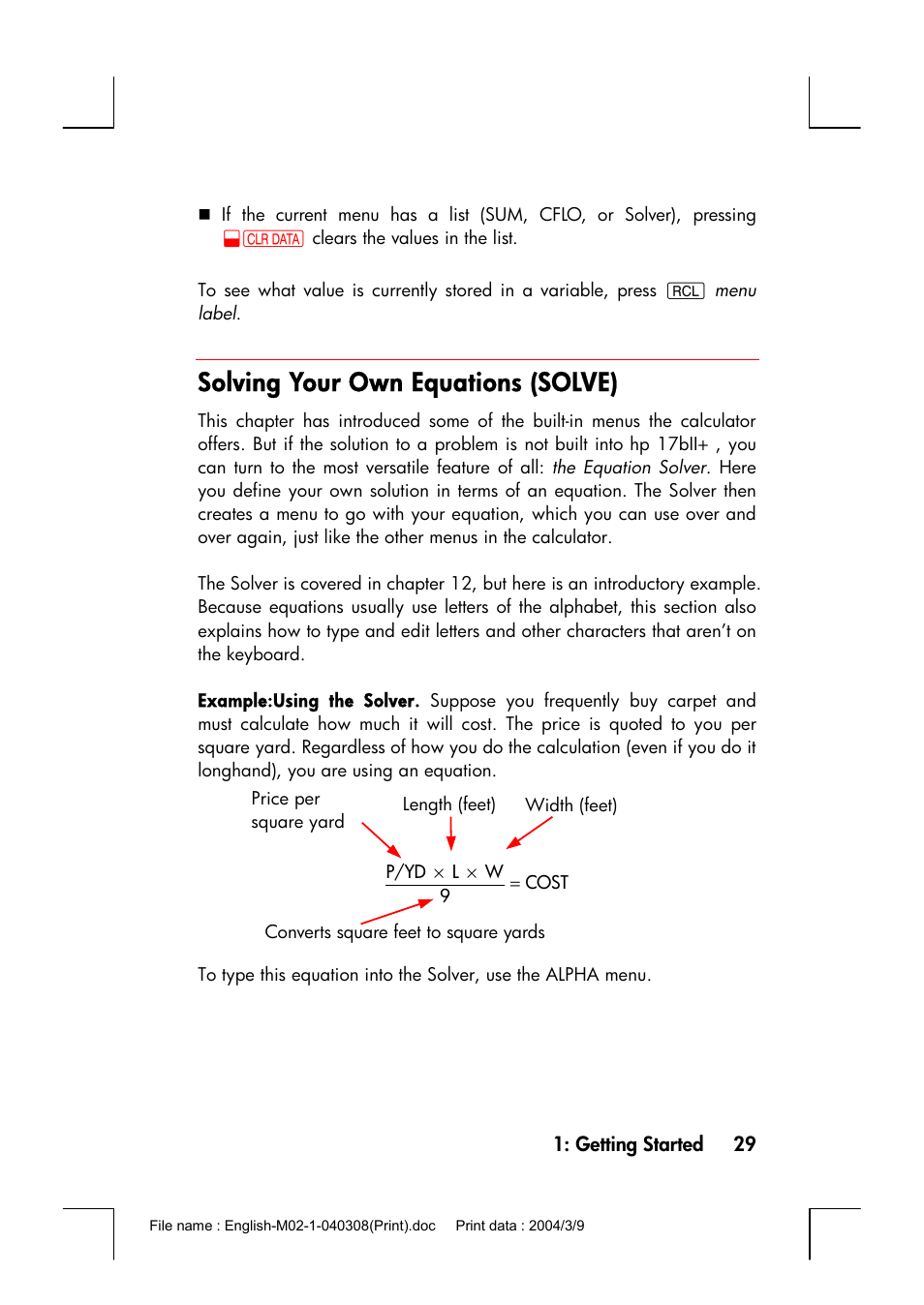 Solving your own equations (solve) | HP 17bII+ User Manual | Page 29 / 310