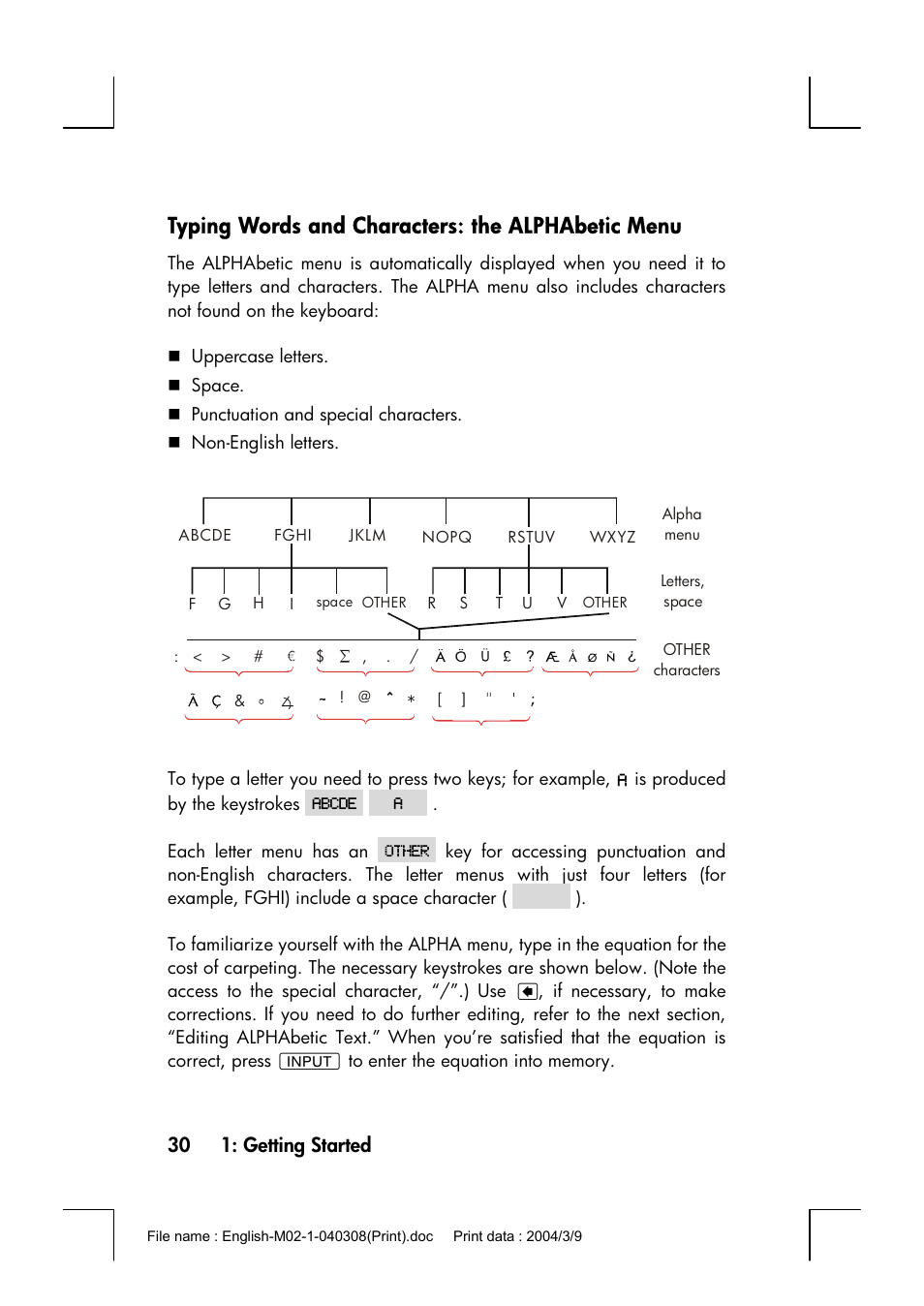 Typing words and characters: the alphabetic menu | HP 17bII+ User Manual | Page 30 / 310