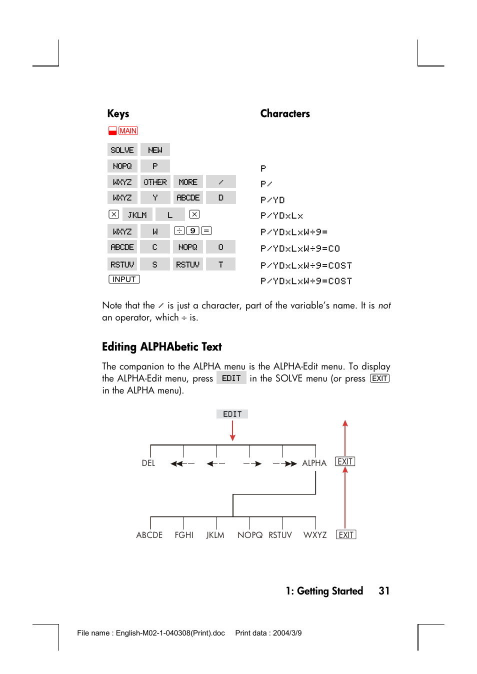 Editing alphabetic text | HP 17bII+ User Manual | Page 31 / 310
